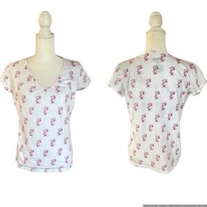 Disney Minnie Mouse Pink White V-neck T Shirt Top Girls Kids Size XL 100% Cotton
